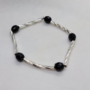 Vintage Silver tone and Onyx octagon stretch beaded bracelet